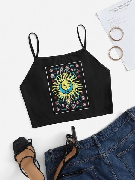 

plus sun & moon print cami e2j1#, Black