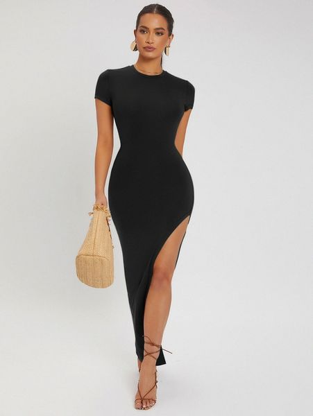 

sxy solid split thigh bodycon dress a5ti#, Black;gray