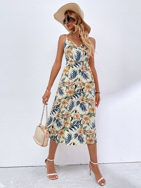 

tropical print split thigh cami dress b5of#, Black;gray