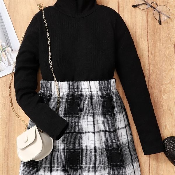 

girls solid ribbed tee & plaid skirt she, White