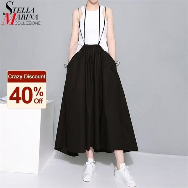 

summer woman solid black long maxi skirt elastic waist pleated infinite skirt convertible lady loose casual suspender skirt 1388 210306