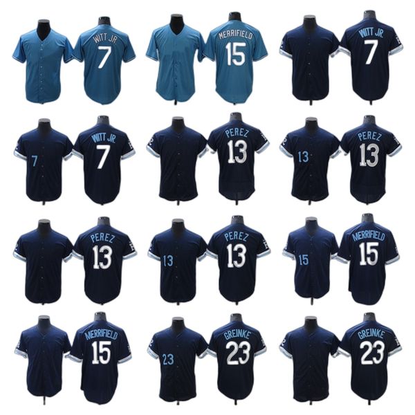 

kansas city's royals's new baseball jerseys 7 witt jr 13 perez 15 merrifield 23 greinke, Blue;black