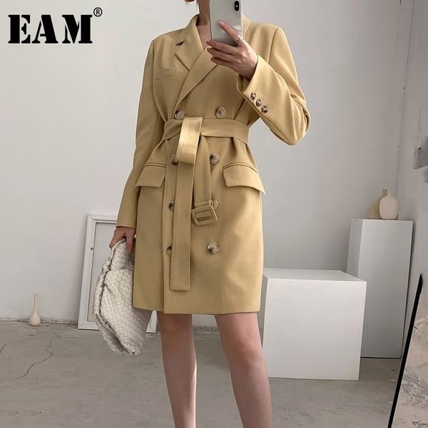 

eam women yellow bandgae temperament blazer lapel long sleeve loose fit jacket fashion spring autumn 1x852 y201026, White;black