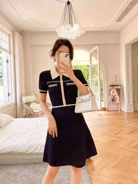 

casual dresses sd french elegant college style contrast color polo neck knit waist dress early spring women, Black;gray