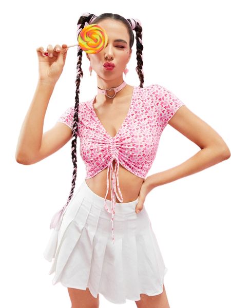 

x viktoriiavkart confetti heart print ruched knot crop tee b8b0#, White