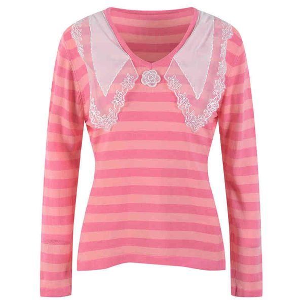 

women's knits tees autumn and winter baby collar flower stripe sweater long sleeve women's pullover hong kong style temperament rl, White