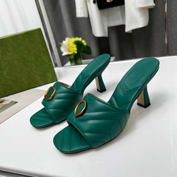 

classic fashion slides sandals lady summer sandals designer metal buckle large size leather thick bottom high heeled women shoe shoe10 4-1, Black