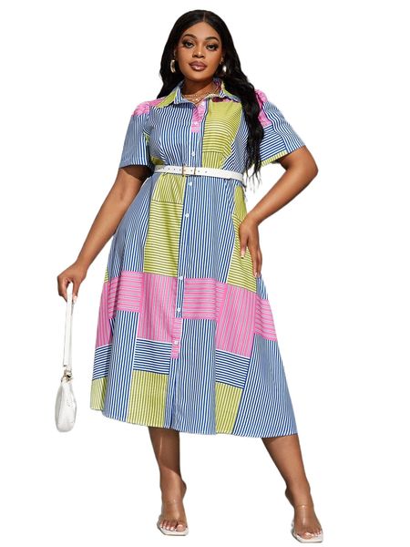 

plus patchwork print collar neck button front dress 61ep#, Black