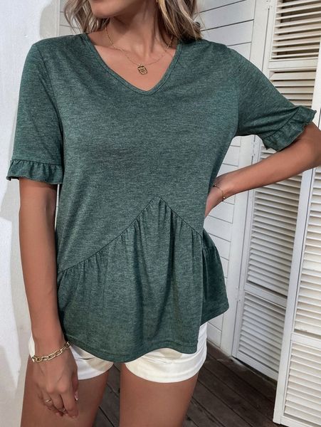 

flounce sleeve peplum hem tee 413l#, White