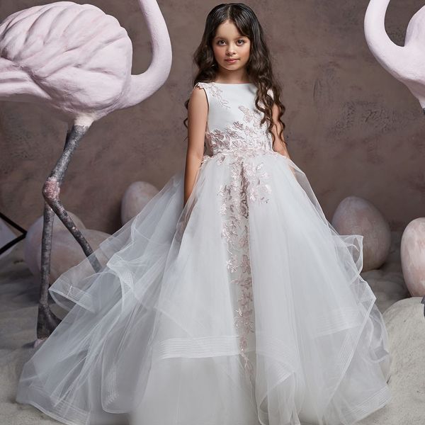 Princess Flower Girl Dresses Weddings 2022 Caso de esferas Apliques contrastantes da criança vestidos de festa formal Tulle Kids Aniversário