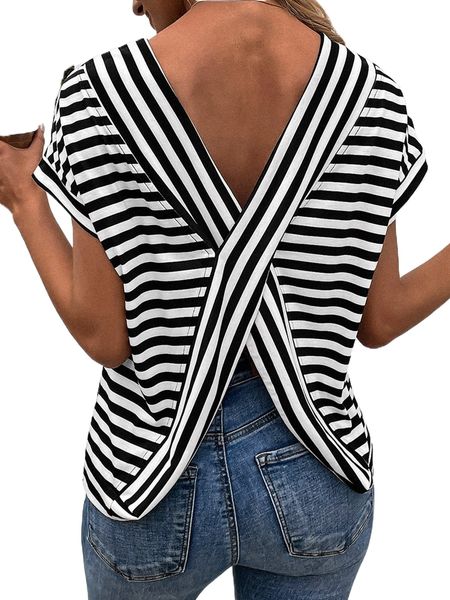 

striped backless batwing sleeve tee p8gb#, White