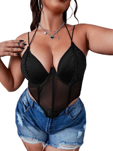 

plus contrast mesh tie back asymmetrical hem bustier cami k2m6#, Black