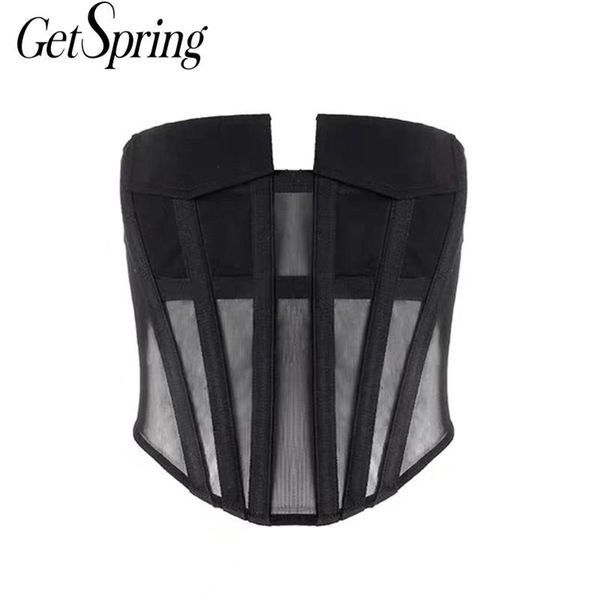 

getspring women crop zipper lace corset fishbone tank backless strapless high waist summer fashion 220325, White