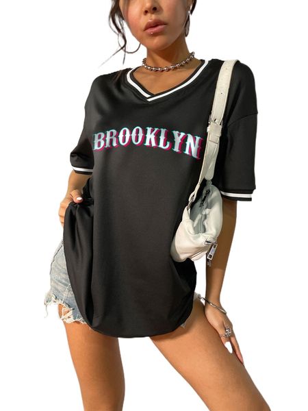 

letter graphic striped trim drop shoulder tee 71ph#, White