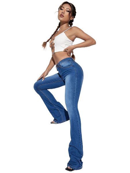 

bleach wash flare leg jeans 232c#, Blue