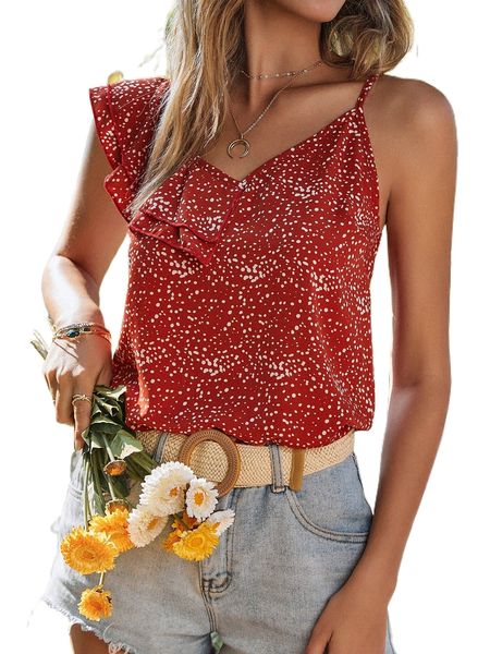 

dalmatian print ruffle trim asymmetric neck blouse l1wx#, White