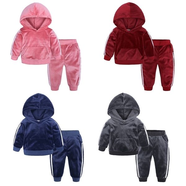 

boys girls velvet clothes sets children sweatshirt + sweatpants hooded tracksuit outfits kid clothing 80-140 fashion sport suit 220326, White