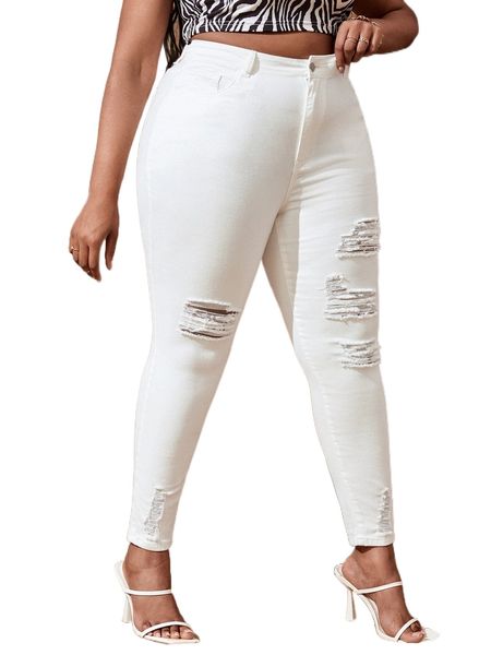 

plus high waist ripped frayed skinny jeans j9ci#, Blue