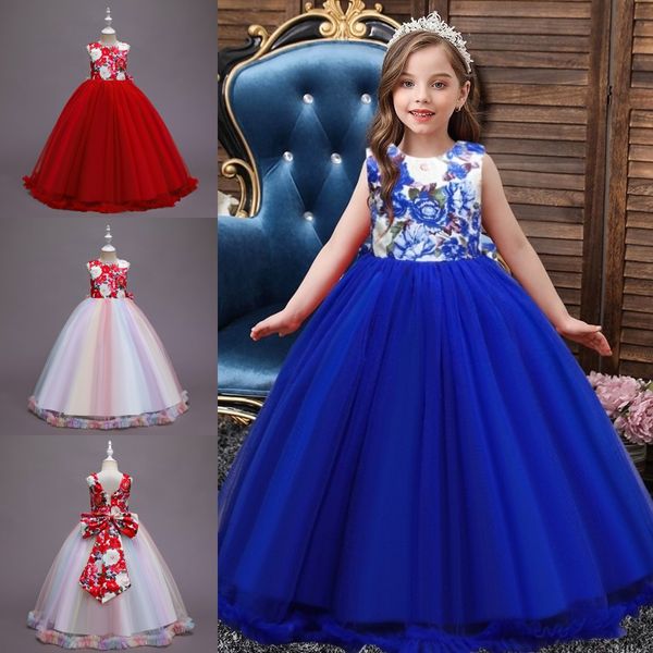 

cute girl kids long wedding ceremony dresses teenage mesh dress children's clothing party elegant princess long tulle fs7801 0725, White