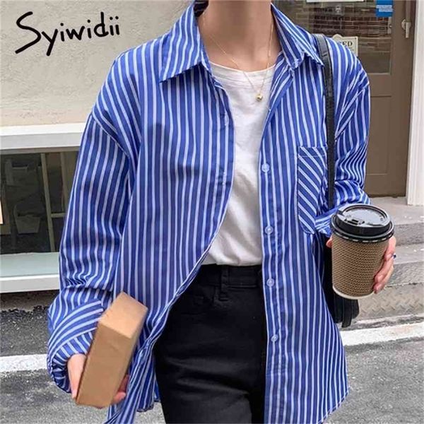 

blue striped vintage button up blouses women turn-down collar long sleeve clothes spring korean fashion shirts 210607, White
