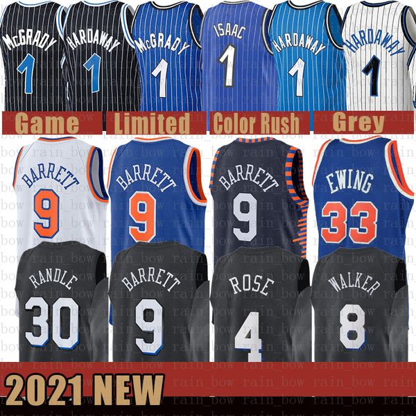 2021 New Basketball Jersey 1 RJ Barrett Julius Randle Derrick Rose Kemba Walker Patrick Ewing Mens 9 30 4 8 33 Penny Hardaway Tracy McGrady Jonathan Isaac Blue