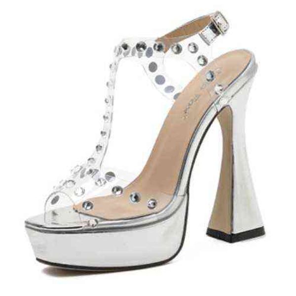 

2022 european and american fashion super white rhinestone thick heel high-heeled women's sandals, Black