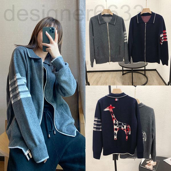 

women's knits & tees designer spring tb college style four bar back giraffe pattern lapel zipper knitted cardigan jacket women snv3, White