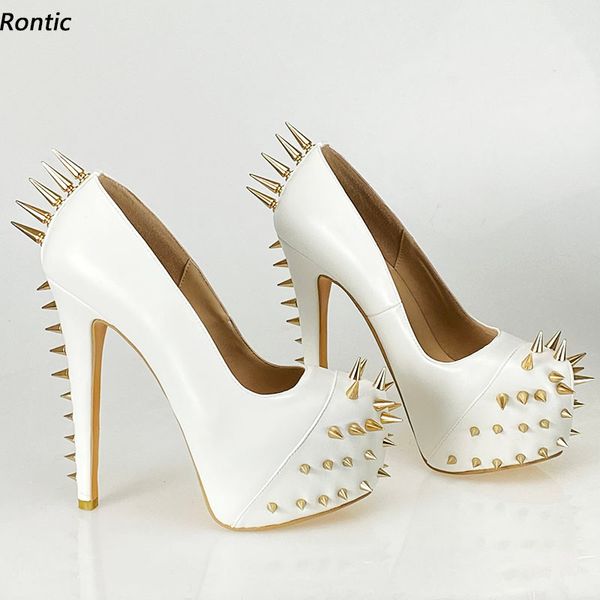 Rontic Scarpe da donna fatte a mano con plateau Décolleté con tacco a spillo con borchie sexy opache Punta tonda Abbastanza bianco Rosa Rosso Scarpe cosplay Taglia US 5-14