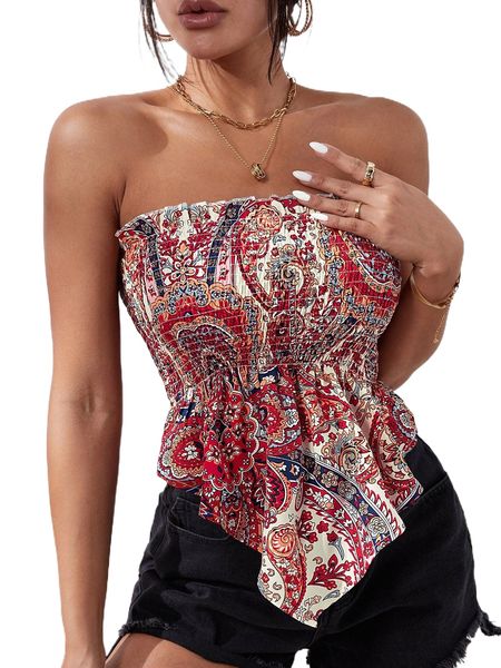 

floral print shirred frill trim bandana hem tube d3po#, White