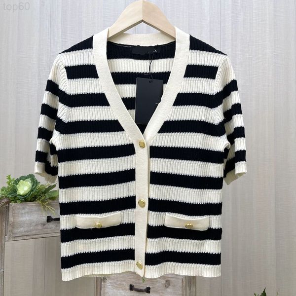 

women's t-shirt designer mo family ~ new fashion v-neck single row gold button black and white stripe short sleeved wool knitted cardig