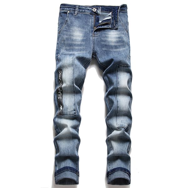Классическая буква печатная мужская джинсы скинни летние осенние карандашные байкерские брюки.