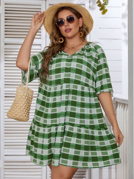 

plus plaid print ruffle hem smock dress i5uw#, Black