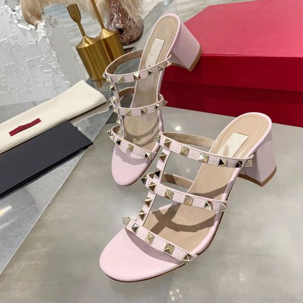 

sandals slippers high heeled rivet shoes luxury designer brand factory shoes summer thick high heels pointed wedding shoe our size 35-42 wit, Black