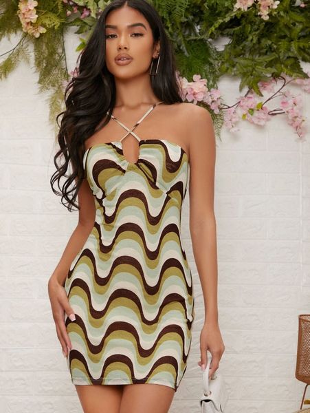

crisscross tied backless wave striped dress y9be#, Black;gray