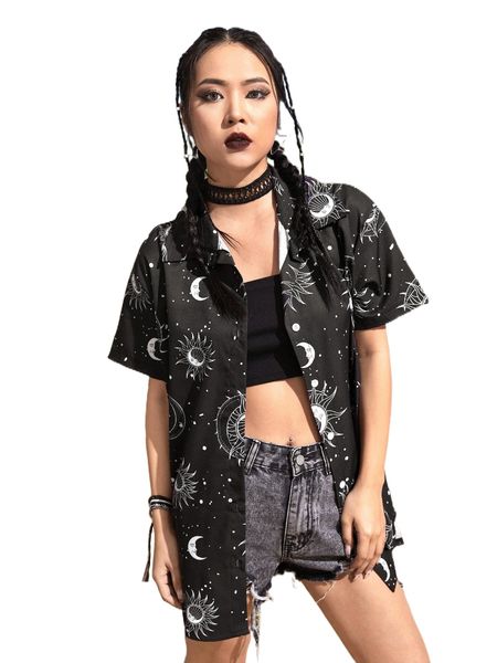 

romwe sun & moon graphic button front blouse without tube w3fe#, White