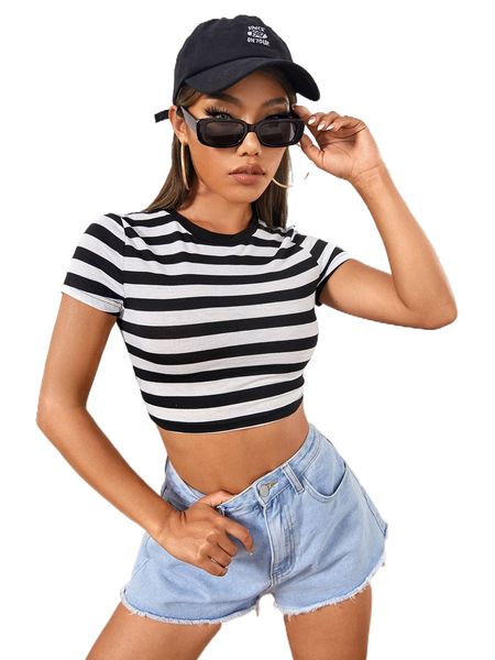 

petite striped round neck crop tee k9bx#, White