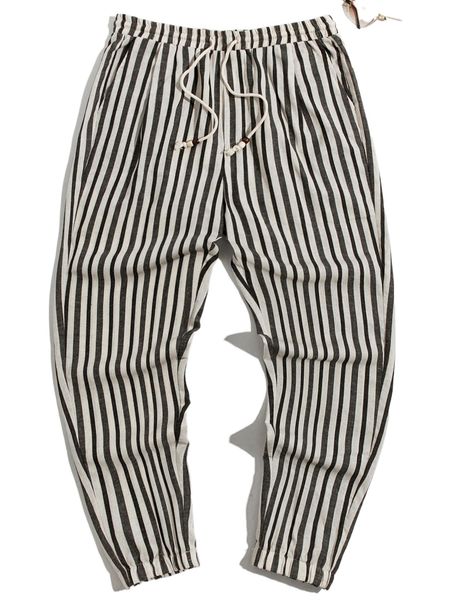 

men striped pattern drawstring waist pants b0nx#, Black