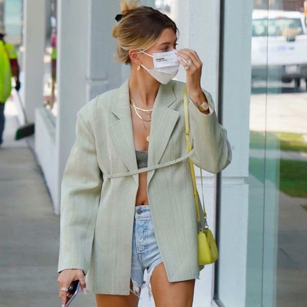 

light grass green blazers fashion lace up gather waist chic style suit coat women luxury office lady brand clothing, White;black