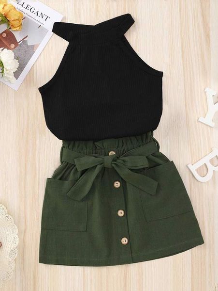

toddler girls ribbed knit halter & dual pocket belted skirt she, White