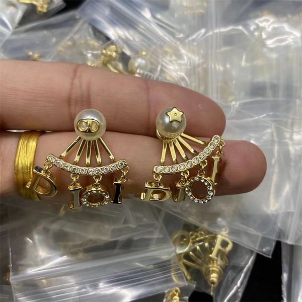 

fan tassel letter row diamond pearl earrings women's star earrings, Golden