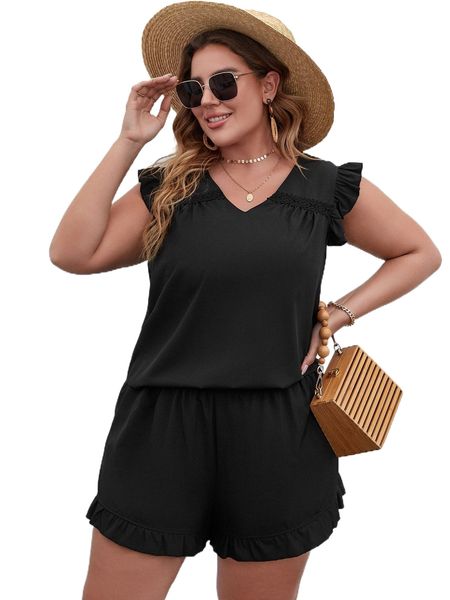 

plus flutter sleeve guipure lace detail & ruffle hem shorts c17r#, Black