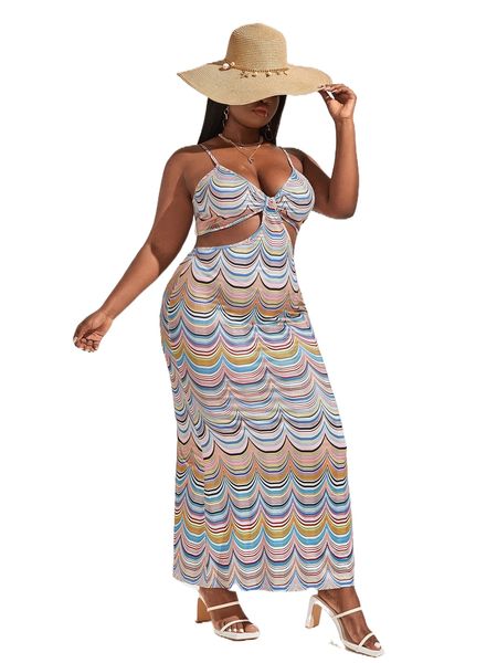 

plus wave striped cut out cami dress 84xo#, Black