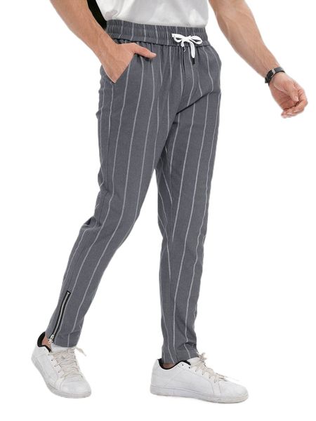 

men vertical striped drawstring waist zip hem pants a69a#, Black