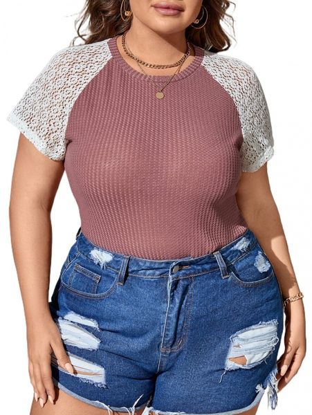 

plus contrast lace raglan sleeve tee r86d#, Black