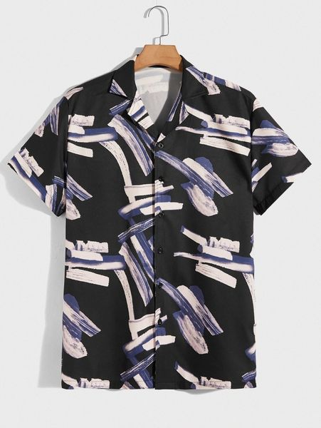 

romwe guys brush print button front shirt 45gi#, White;black