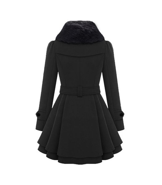

womens blends vintage woolen coat double buckle trench coats lady fur collar peacoat winter coat jackets outwear plus size 5xl, Black