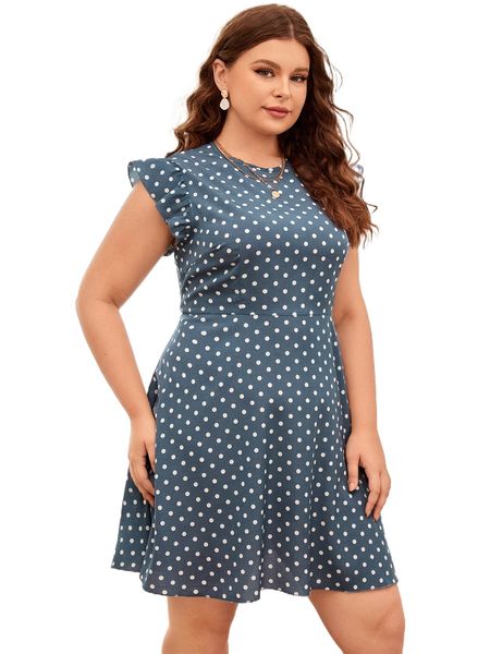 

plus polka dot print butterfly sleeve dress k27o#, Black