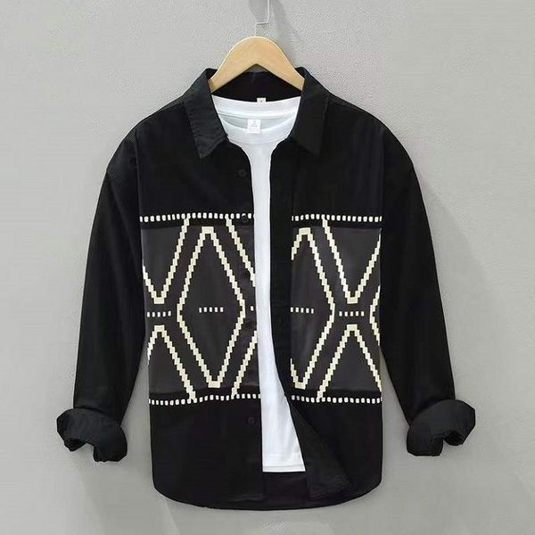 

men's shirt jacket classic print stitching long-sleeved shirts mens spring autumn loose casual youth literary cotton top, Black;brown