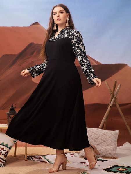 

plus floral print notched neck dress without belt 48ef#, Black