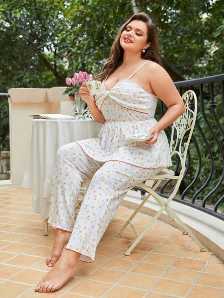 

plus ditsy floral print twist front cami & pants pj set l7jf#, Black;white